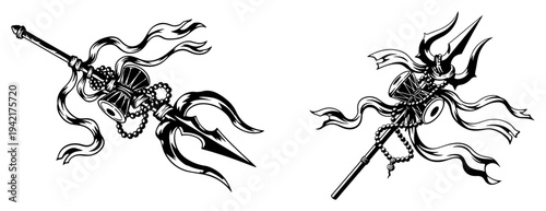 Trishula trident with damaru drum and flowing ribbons in dynamic black and white line art style