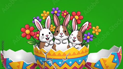 Easter Egg Cracks Open Revealing Cute Bunnies and Flowers