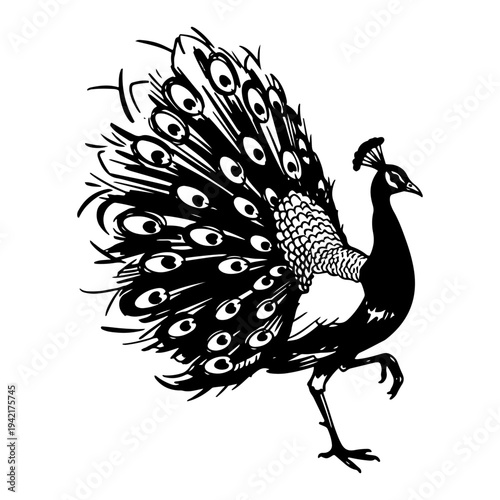 Majestic peacock showing detailed tail feathers in decorative engraving style