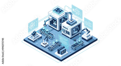 An isometric illustration showcases a complex automated factory with robotic arms, conveyor belts, and holographic data displays on a white background.