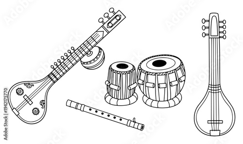 Indian musical instruments set including sitar tabla and flute in line art style