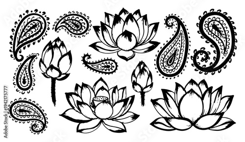 Lotus flowers and paisley ornaments collection in hand drawn sketchy style