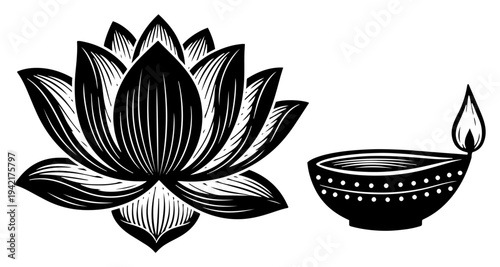Lotus flower and burning diya oil lamp for diwali in bold woodcut style