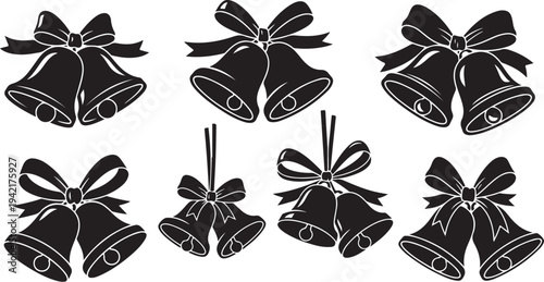 Black and white illustration of Christmas bells with ribbons
