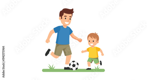 A cartoon illustration shows a smiling father and his young son playing soccer together on a patch of green grass.