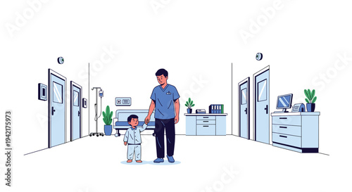 A minimalist cartoon illustration shows a male figure holding a young boy's hand, walking down a hospital hallway.