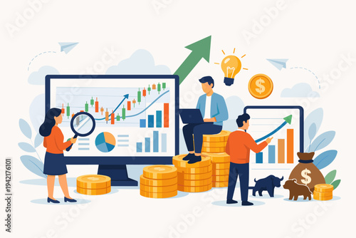 Stock Market Trading and Investment Analysis Concept with People Analyzing Financial Data Charts, Candlestick Graphs, Bull and Bear Market Trends, Passive Income and Business Growth Illustration