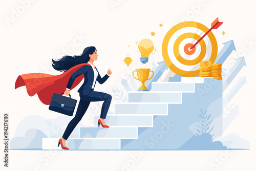 Businesswoman Superhero Climbing Stairs to Success, Career Path to Achieve Business Target, Leadership and Motivation Concept with Trophy, Idea Bulb, Money, and Bullseye Target Vector Illustration.