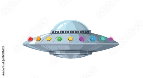 A detailed cartoon illustration displays a sleek, silver flying saucer with a clear dome and vibrant multi-colored lights.