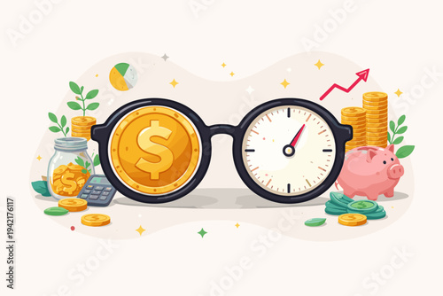 Time is Money Concept Illustration with Glasses Featuring a Gold Dollar Coin and Clock Face, Piggy Bank, Stacks of Coins, and Growth Arrow for Investment, Savings, and Financial Planning