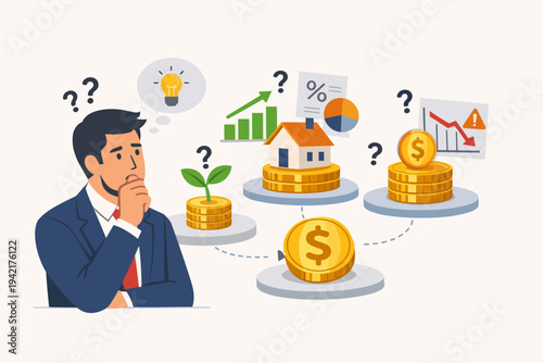Businessman Thinking about Investment Strategy and Financial Planning, Deciding Between Real Estate, Savings, and Stock Market Growth, Concept of Wealth Management and Risk Assessment Vector.