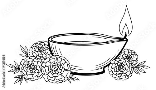Diya oil lamp surrounded by marigold flowers in hand drawn line art style