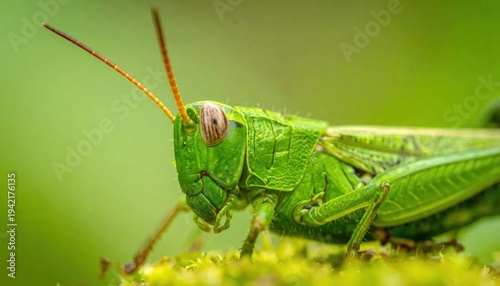 Close-up of a Green Grasshopper on Grass.