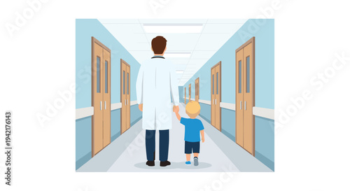 A detailed cartoon illustration shows a doctor and a small boy walking away, holding hands, down a long hospital corridor.