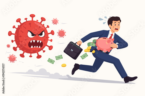 Businessman in suit running away from large angry red coronavirus cell while losing money from his piggy bank and briefcase, representing the economic impact and financial crisis of the pandemic.