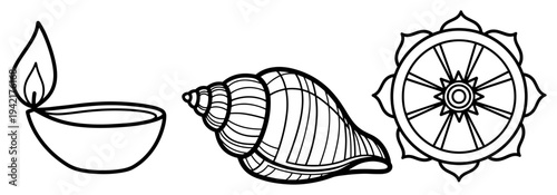 Diya oil lamp shankha conch shell and dharmachakra wheel in minimalist line art style