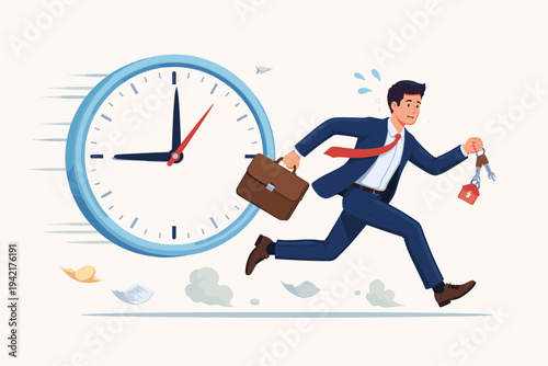 Flat vector illustration of a stressed businessman real estate agent running with a briefcase and house keys, trying to outrun a giant clock. Concept of time management, deadlines, and urgency.