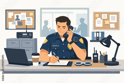 Busy male police officer in uniform sitting at a desk in a police station office, talking on a phone and writing notes, with laptop, handcuffs, and radio, flat vector illustration style.
