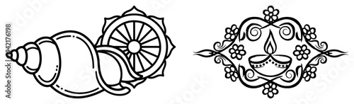 Shankha conch shell with chakra wheel and decorative diya lamp in ornamental line art style
