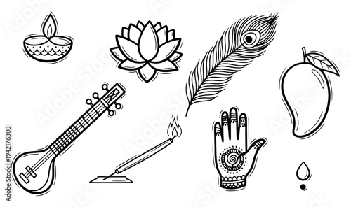 Indian cultural symbols collection including sitar lotus and diya in hand drawn sketch style