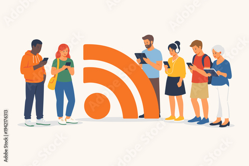 Diverse Group of People Using Mobile Gadgets and Smartphones Standing by a Large Orange RSS Symbol, Concept of Global Connectivity, Social Media, and News Feed, Flat Vector Illustration