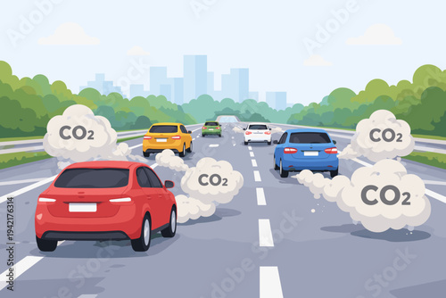 Flat vector illustration of colorful cars on a busy highway emitting large CO2 carbon dioxide smoke clouds, representing environmental pollution, climate change, and vehicle exhaust emissions.