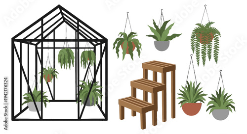 Greenhouse with Hanging Plants and Step Ladder - Gardening Illustration