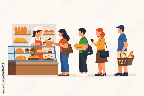 People standing in line at a local bakery shop vector illustration. A female baker in an apron and chef hat is serving fresh bread and pastries to customers waiting in a queue to buy food products.