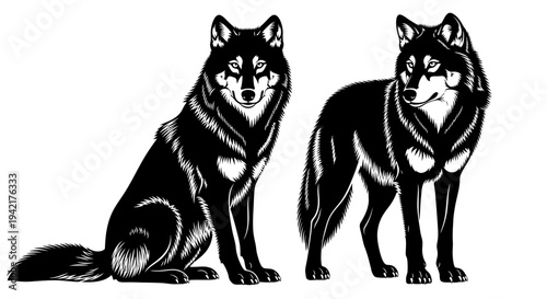 Striking black and white illustration depicting two powerful wolves, capturing their wild and majestic essence