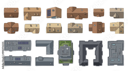 A diverse collection of illustrated building rooftops, viewed from above, showcasing urban and residential architectural styles for map or game design elements