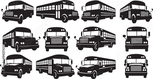 Collection of various school bus silhouettes in black and white