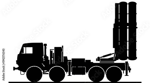 Military Missile Launcher Truck Silhouette: Vector Illustration of Surface-to-Air Defense System and Tactical Mobile Artillery Vehicle