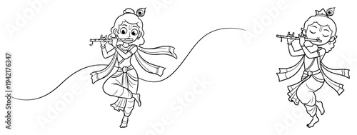 Krishna character playing flute with traditional peacock feather in line art style