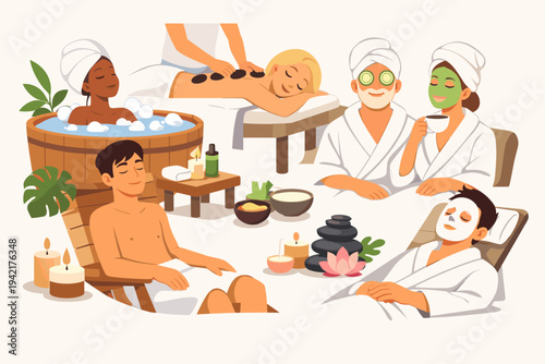Vector illustration of diverse people relaxing in a luxury spa wellness center, enjoying hot stone massage, facial masks, bubble bath, and aromatherapy for health, beauty, and stress relief.