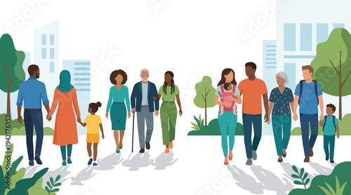 Diverse Multi-generational People and Families Walking in Modern Urban City Park: Flat Vector Illustration of Community Life and Outdoor Activity
