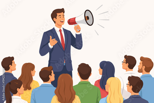 Vector illustration of a professional businessman or politician in a formal suit making a loud announcement with a megaphone to a large diverse crowd of people listening attentively.