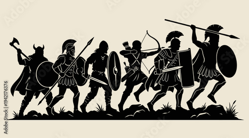Ancient warriors in a formidable silhouette formation, depicting historical military might and legendary combat