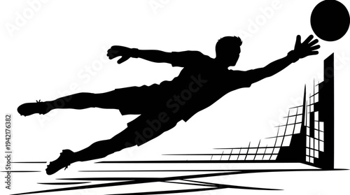 Dynamic silhouette of a soccer goalkeeper making an acrobatic save, showcasing athletic skill and quick reflexes