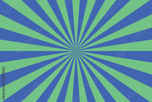 Lively blue and green geometric pattern with radiating lines creating a compelling sunburst effect