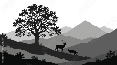 Serene grayscale illustration of a mountainous forest landscape with majestic deer and a stealthy wolf in a tranquil wilderness scene