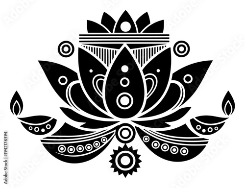 Lotus flower integrated with burning diya oil lamps in ornate flat minimalist style