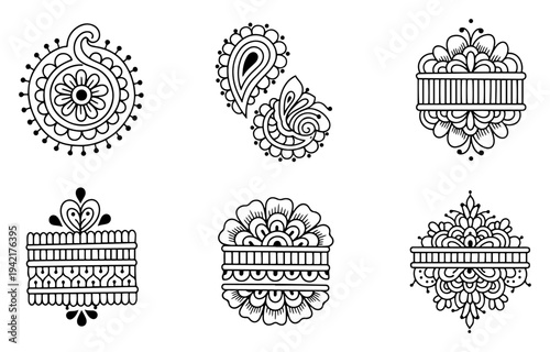 Mehndi henna floral ornaments set with intricate ethnic patterns