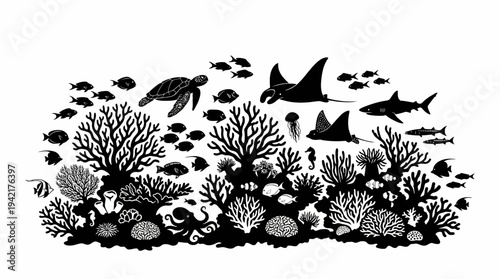 Elegant silhouette illustration of a thriving coral reef ecosystem, teeming with diverse marine life