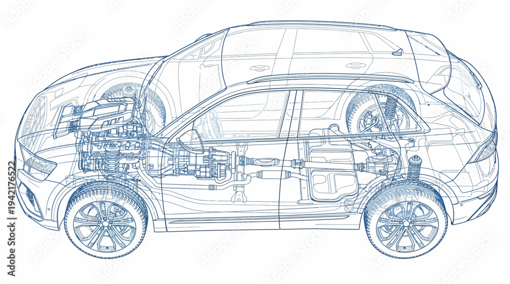 Fototapeta premium Detailed Technical Blueprint Illustration Showcasing Advanced Automotive Engineering and Design Structure