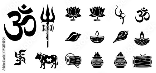 Hindu religious symbols icon set including Om trishula and lotus in black silhouette style