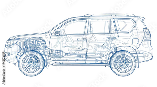 Detailed technical blueprint illustration of an SUV vehicle with visible internal components and mechanical parts