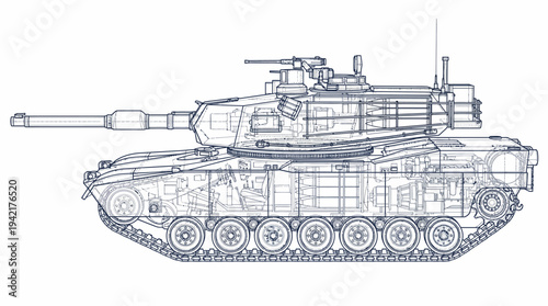 Detailed Blueprint Illustration of a Modern Main Battle Tank Side View
