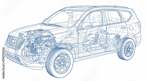 Detailed wireframe illustration showcasing the intricate internal components and engineering of a modern sport utility vehicle