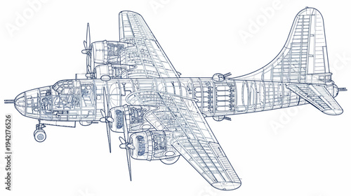 Blueprint illustration of a vintage twin-engine bomber aircraft from the side view