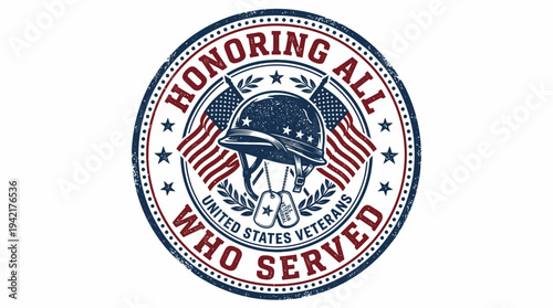 Vintage emblem honoring military service and patriotism with a classic combat helmet design